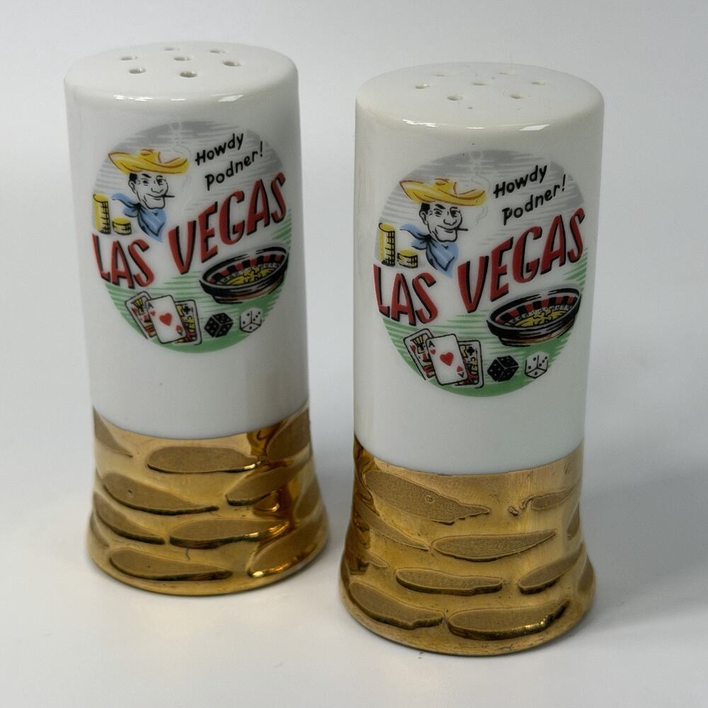 Vintage Las Vegas Howdy Podner Salt Pepper Shakers Gold Retro Souvenir Cowboy